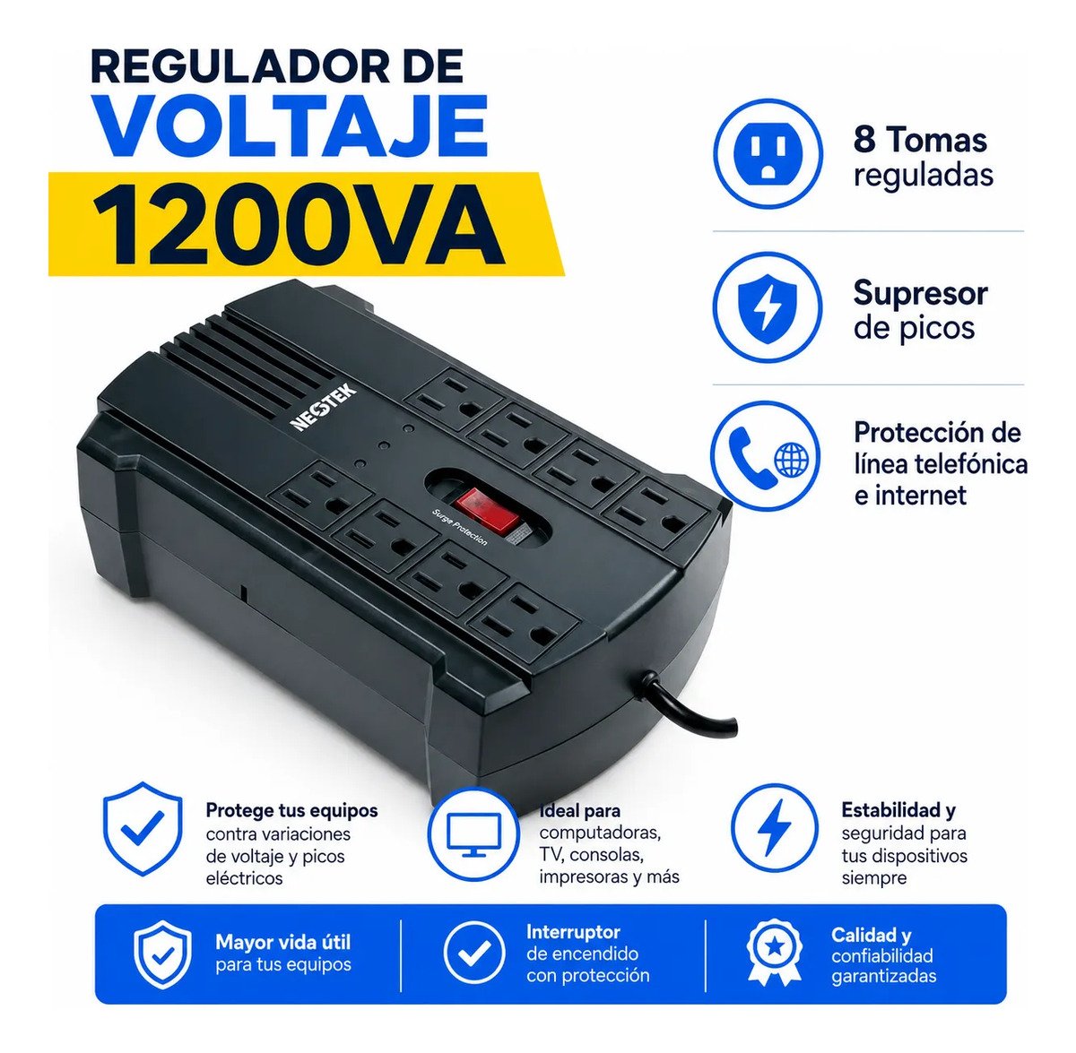 Regulador Voltaje Neotek 1200va 600w 8 Tomas Nk-100 - Imagen 3