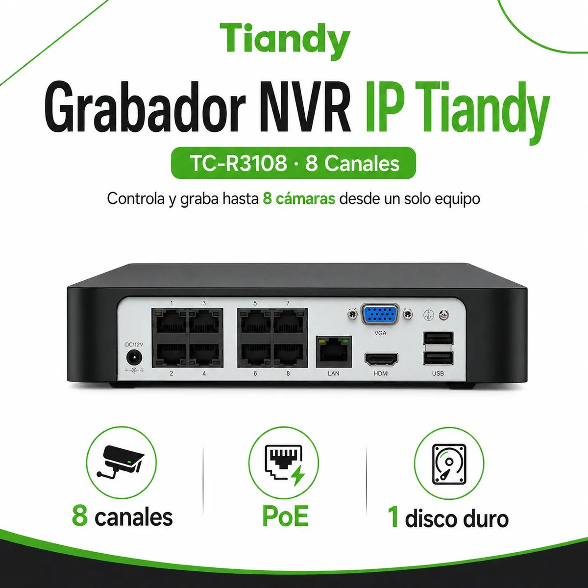 Nvr Tiandy Tc-r3108 8 Canales Poe 8tb Grabadora Cctv - Imagen 10